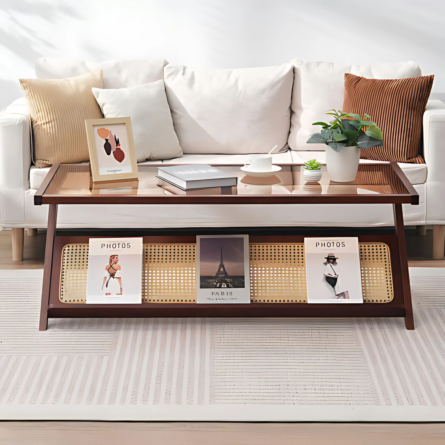 Rattan Coffee Table with Glass Top